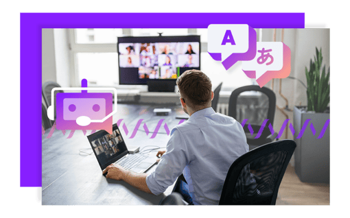 Image with bot icon and translation icon showcasing a video meeting on desktop