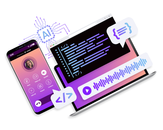 Image showcasing how AI is tied to voice on both a mobile device and desktop.