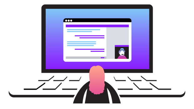 Illustration d'une personne en train de discuter avec un agent de vente ou de service sur un navigateur d'ordinateur portable.