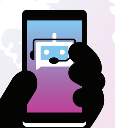 illustration of hand holding phone with chatbot on the screen
