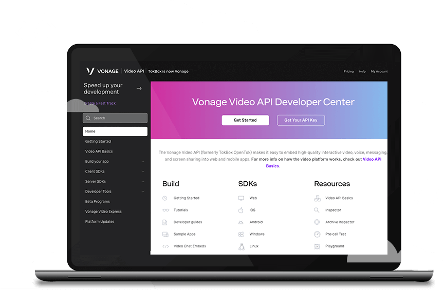 Vonage Video API Developer Center Dashboard view of Video API Developer Center