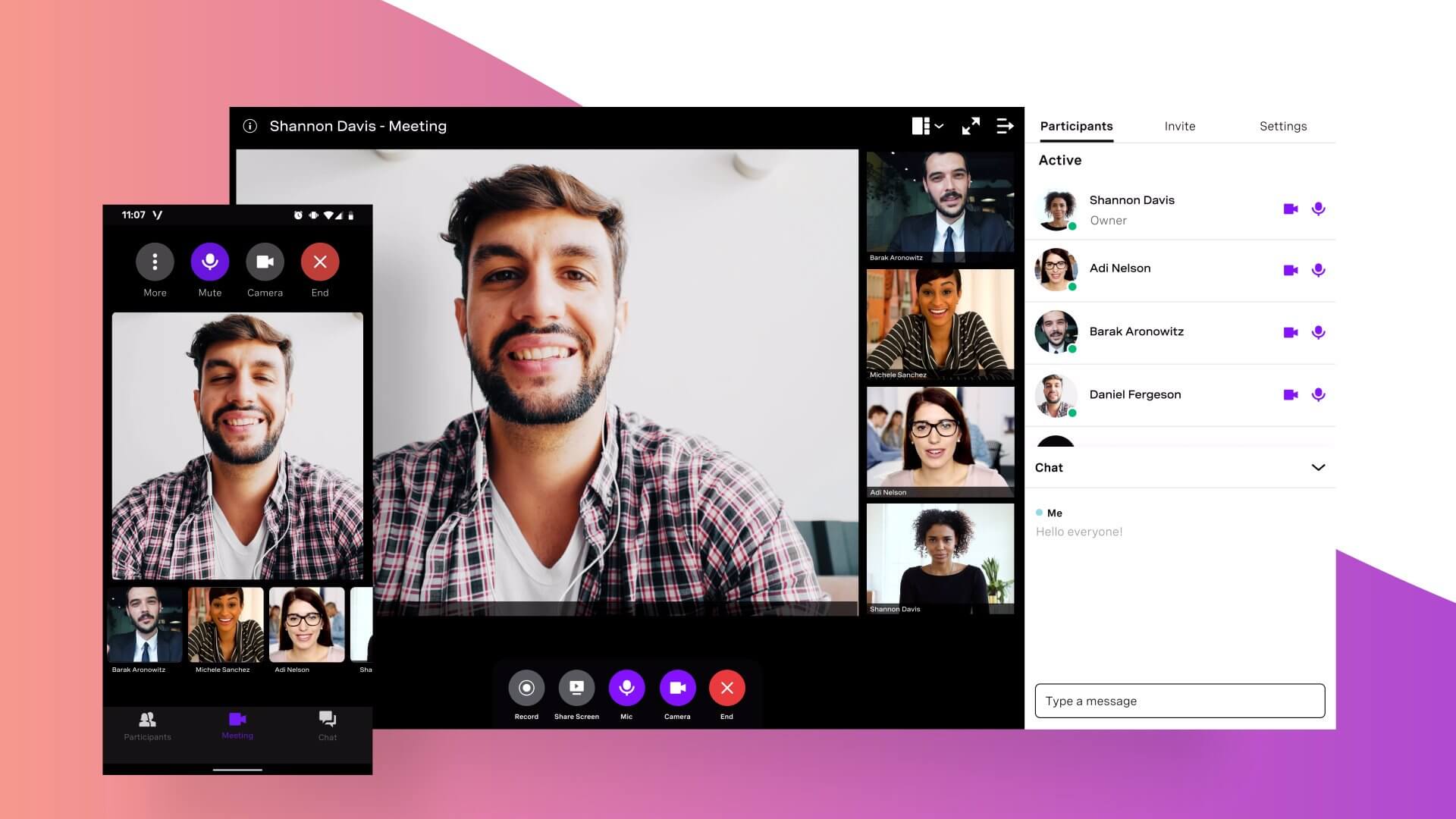 Découvrez comment Vonage Business Communications peut aider votre entreprise à communiquer : regardez maintenant. Product shot of Vonage Business Meetings on mobile device and desktop application, man is speaking and other participants are on video